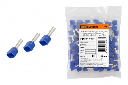 TDM ELECTRIC SQ0521-0008 Наконечник штыревой втулочный изолированный (двойной) НШвИ (2) 2,5х10 фиолетовый (100 шт) TDM